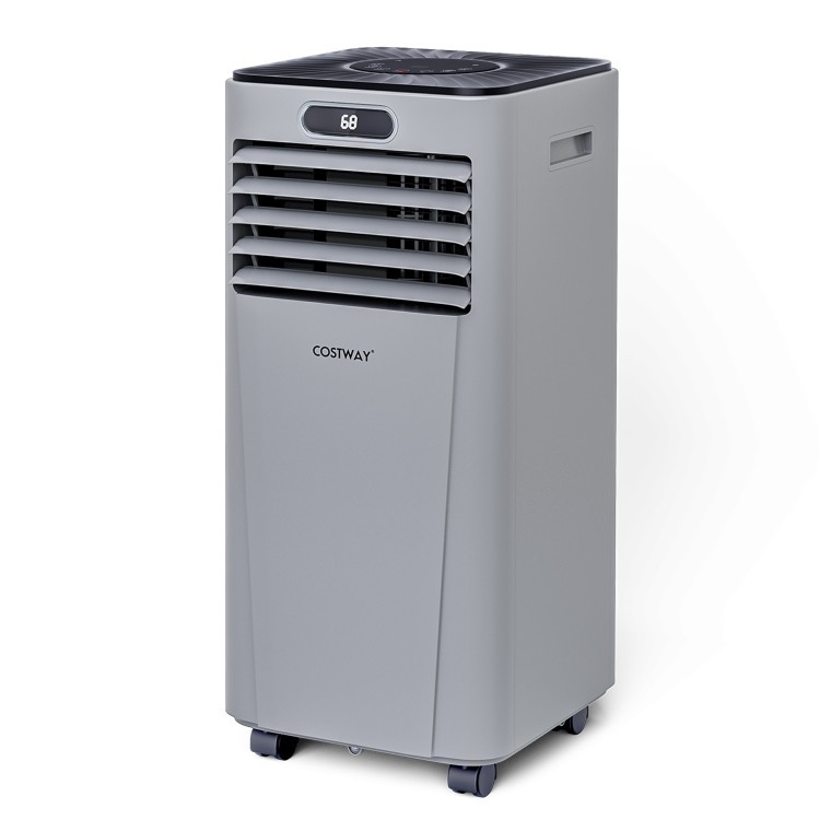 Portable 10000 BTU air conditioner in gray with remote control, ideal for cooling bedrooms and small apartments.