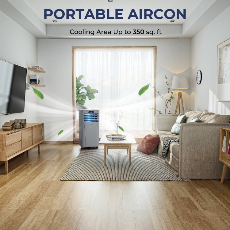 Portable air conditioner in gray, 10000 BTU capacity, cooling up to 350 sq. ft., ideal for living spaces and dorms.