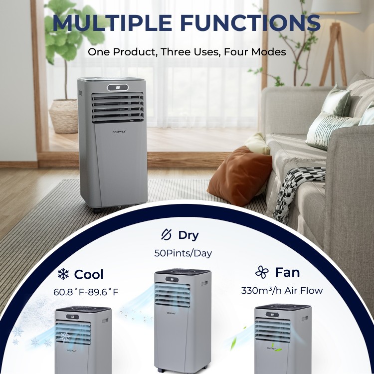 Portable 10000 BTU air conditioner in gray with remote control, ideal for cooling, drying, and fan modes in small.