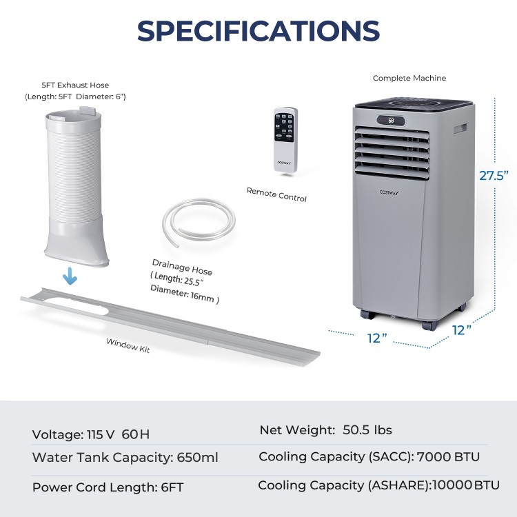 Portable air conditioner with remote control, 10000 BTU cooling capacity, and window kit, ideal for small spaces.