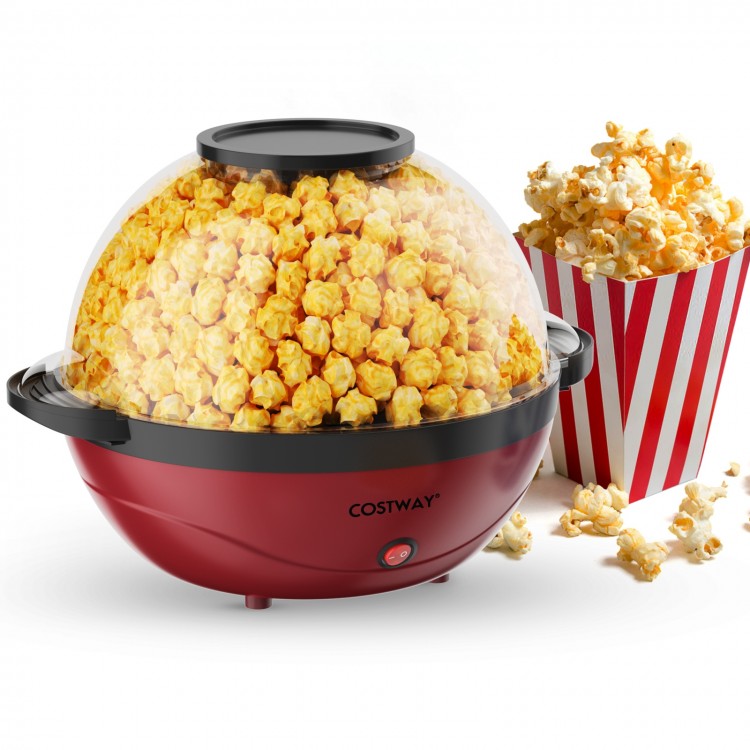 Red 6QT stirring popcorn popper with nonstick plate, making 24 cups of popcorn for family movie nights and easy.