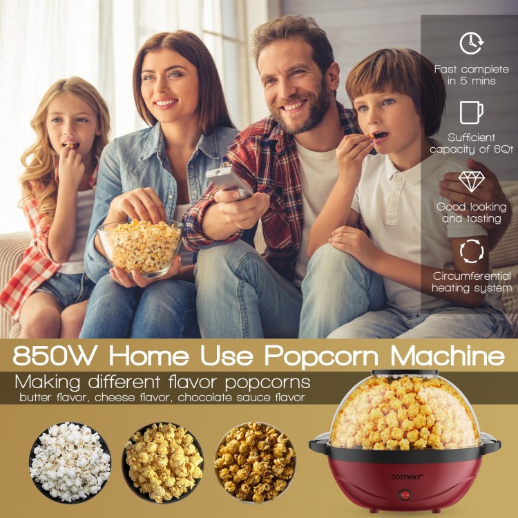Red 6QT stirring popcorn maker with nonstick plate, perfect for making 24 cups of delicious popcorn for family fun.