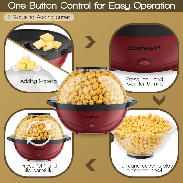 Stirring popcorn popper in red with nonstick plate, 6QT capacity, and lid doubling as serving bowl for easy.