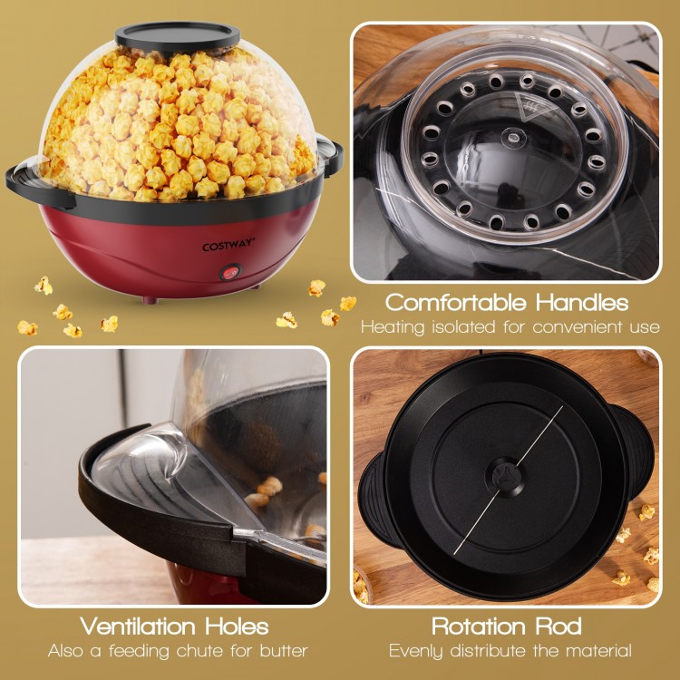Stirring popcorn popper with a nonstick plate, 6-quart capacity, and vented lid for easy serving and butter melting.