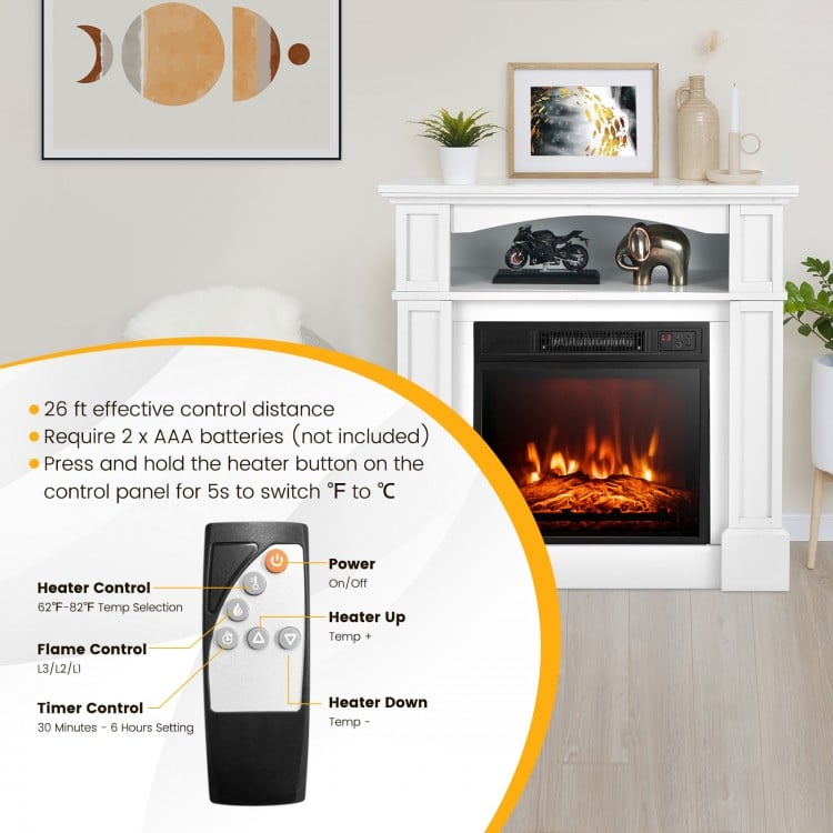 32-inch electric fireplace TV stand in white with remote control, adjustable flame, and built-in shelf for living room.