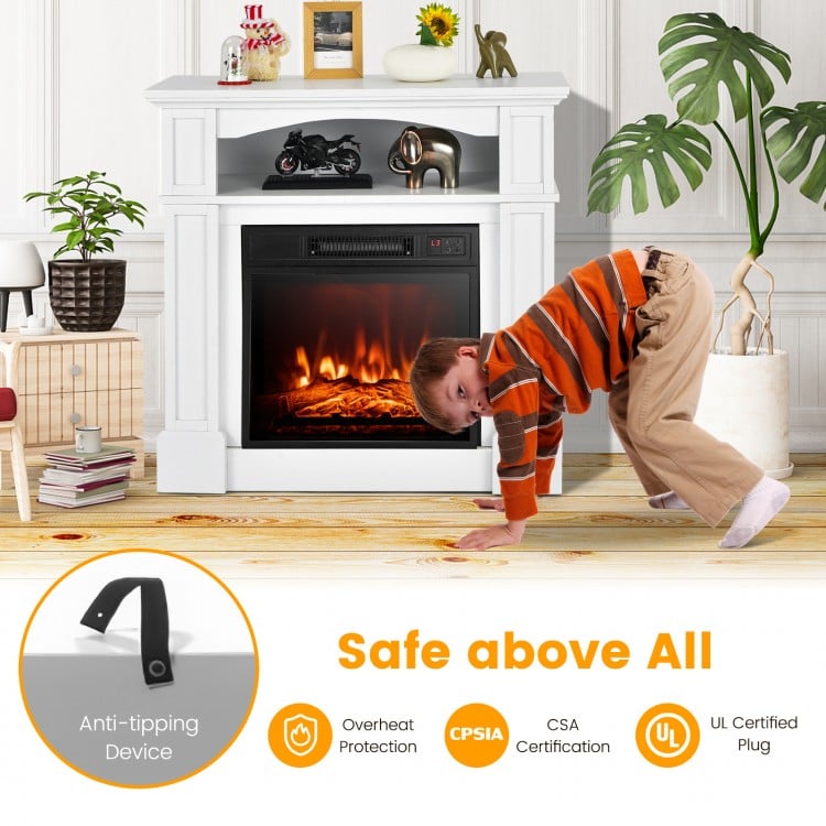 32-inch electric TV stand fireplace in white with adjustable flame, remote control, and ample storage for living rooms.