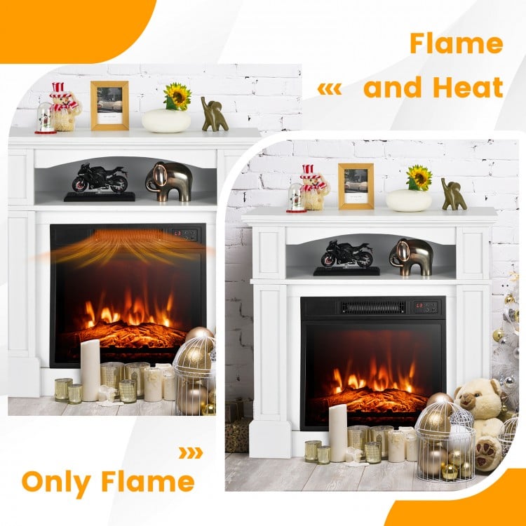 Electric fireplace with shelf, 1400W heating, adjustable flame brightness, perfect for living room decor.