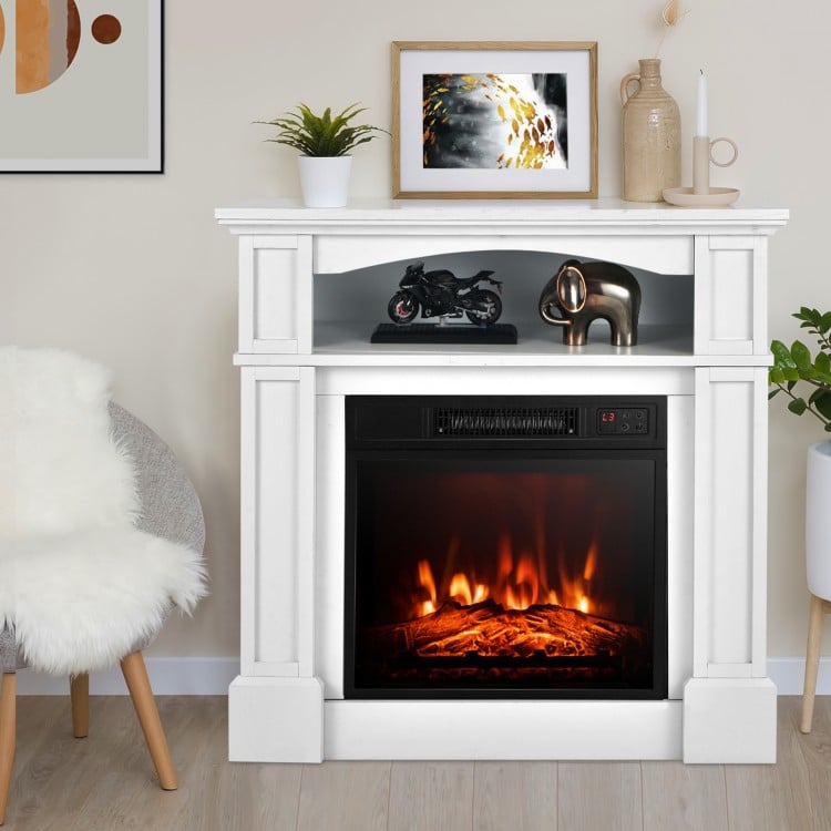 White 32-inch electric TV stand fireplace with adjustable flame, remote control, and built-in shelf for living room use.