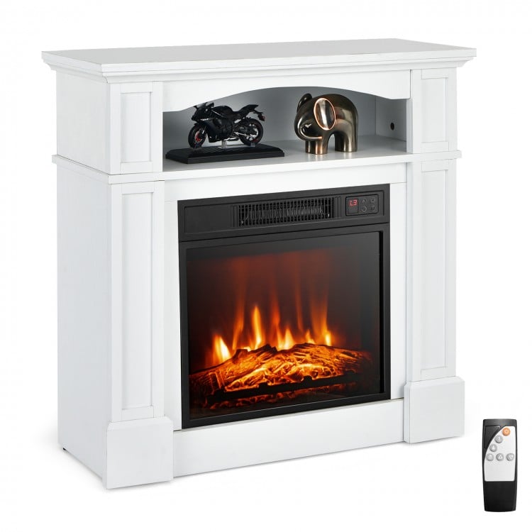 Electric fireplace TV stand in white with remote control, 1400W heating, and built-in shelf for living room decor.