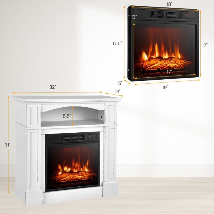 Electric fireplace TV stand in white, 32 inches, with adjustable flame brightness and built-in shelf for storage.