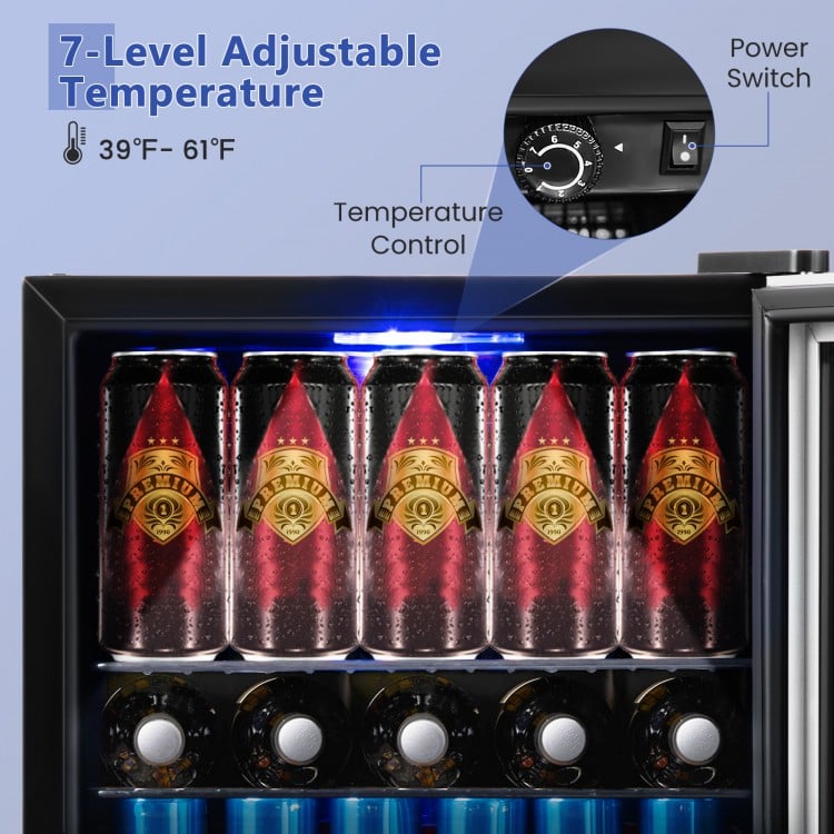 Close-up of the 60 Can Beverage Mini Refrigerator's adjustable temperature control and LED light for easy access.