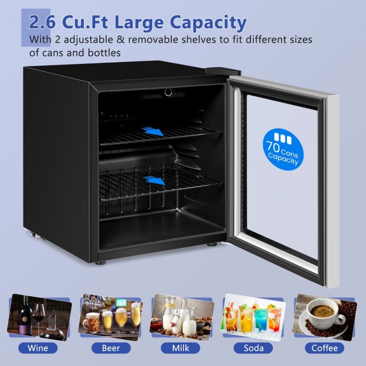 Mini beverage refrigerator with glass door, 60-can capacity, adjustable shelves, ideal for small spaces and easy access.
