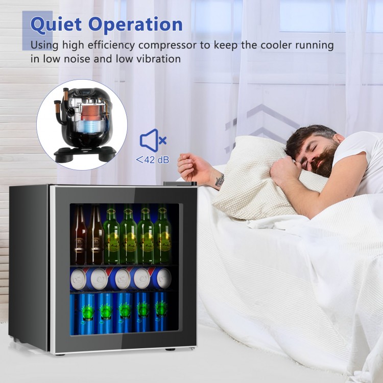Mini beverage refrigerator with glass door, 60-can capacity, quiet operation, perfect for small spaces and offices.