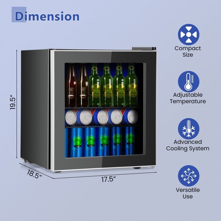 Mini beverage refrigerator with glass door, adjustable temperature, holds 60 cans, ideal for small spaces and versatile.