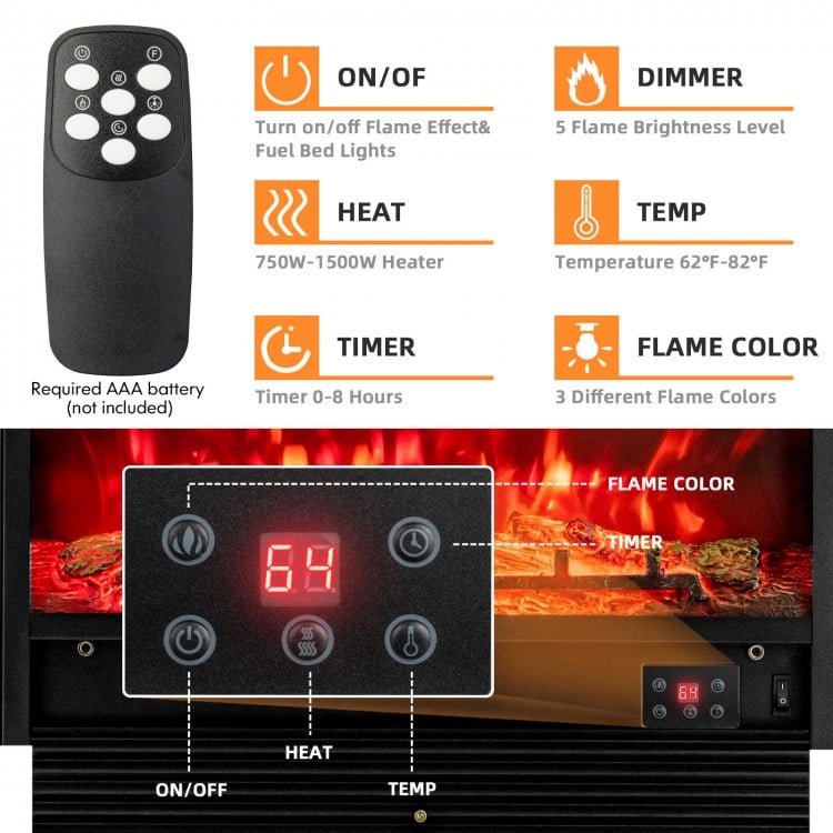 28.5 Inch electric fireplace with remote control, featuring 3 flame colors and adjustable brightness for cozy indoor.