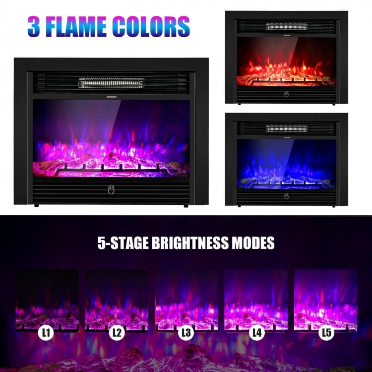 28.5-inch recessed electric fireplace with 3 flame colors and 5 brightness modes, perfect for living room or bedroom.