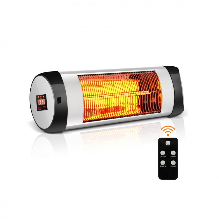 Wall-mounted 1500W infrared heater with remote control, featuring carbon fiber heating and waterproof design for.