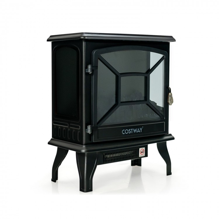 1400W electric stove heater in black with 3-sided view and vivid flame effect, perfect for living room or bedroom.