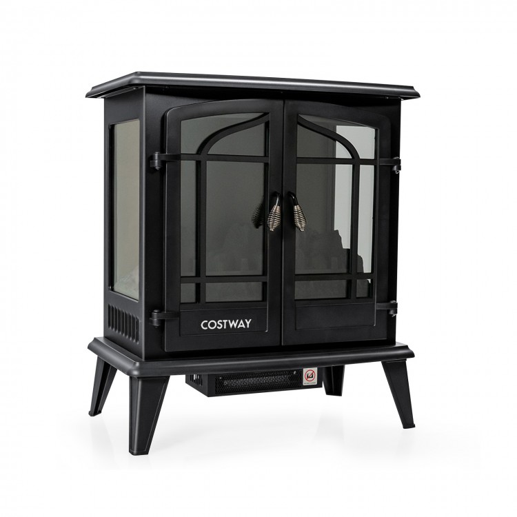 Freestanding electric fireplace heater in black with 3-sided panoramic design, ideal for enhancing indoor ambiance.