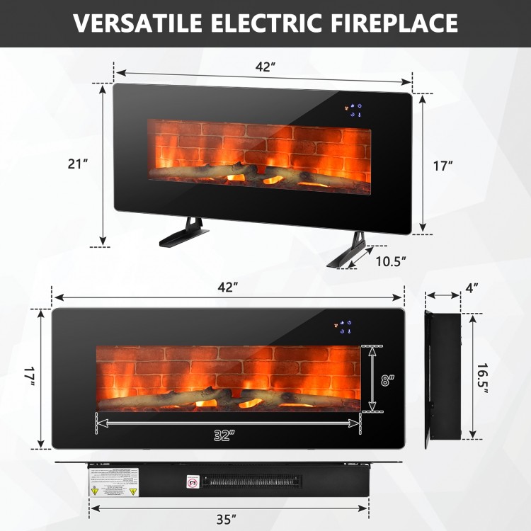 42-inch black electric fireplace with realistic flame, remote control, and wall-mounted design for cozy home warmth.