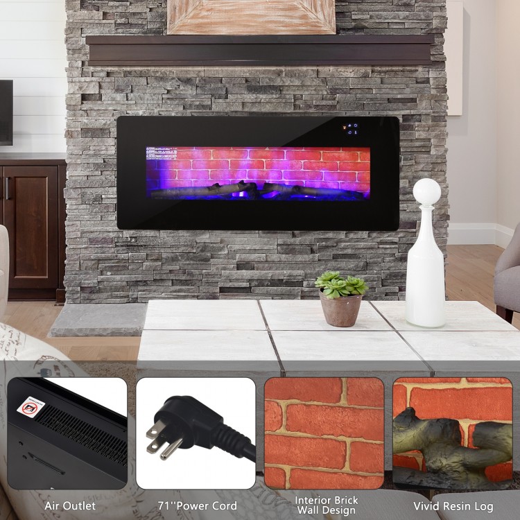 42-inch black electric wall-mounted fireplace with realistic flame effects and remote control, perfect for cozy home.
