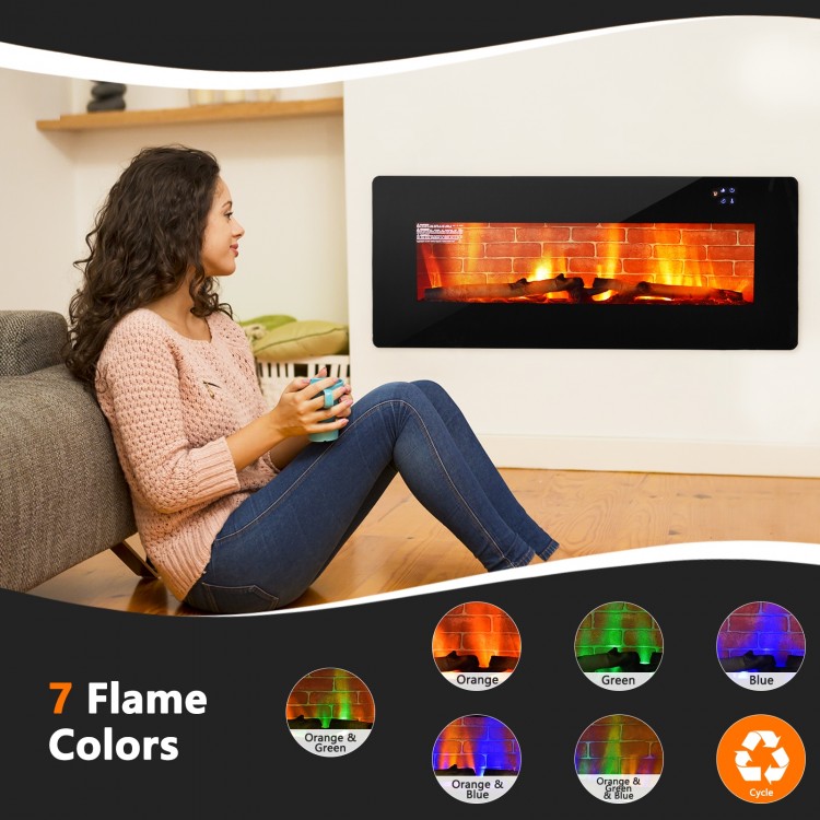 Electric wall-mounted fireplace with realistic flames, 7 color options, remote control, perfect for cozy home ambiance.