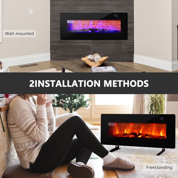 Electric fireplace showcasing wall-mounted and freestanding installation options, featuring realistic flames and remote.