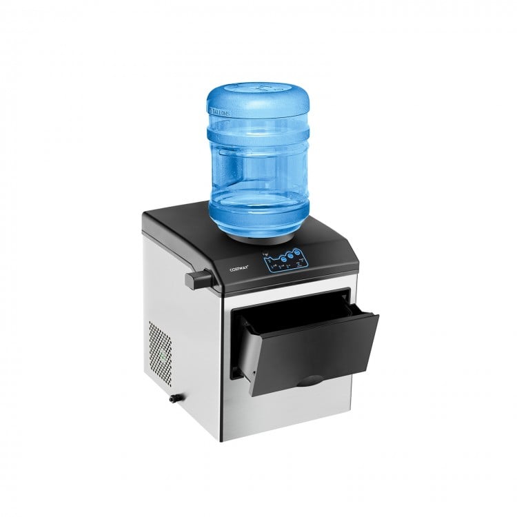 Countertop ice maker with water dispenser, stainless steel, holds 2-5 gal jug, makes 48 lbs of ice daily for.