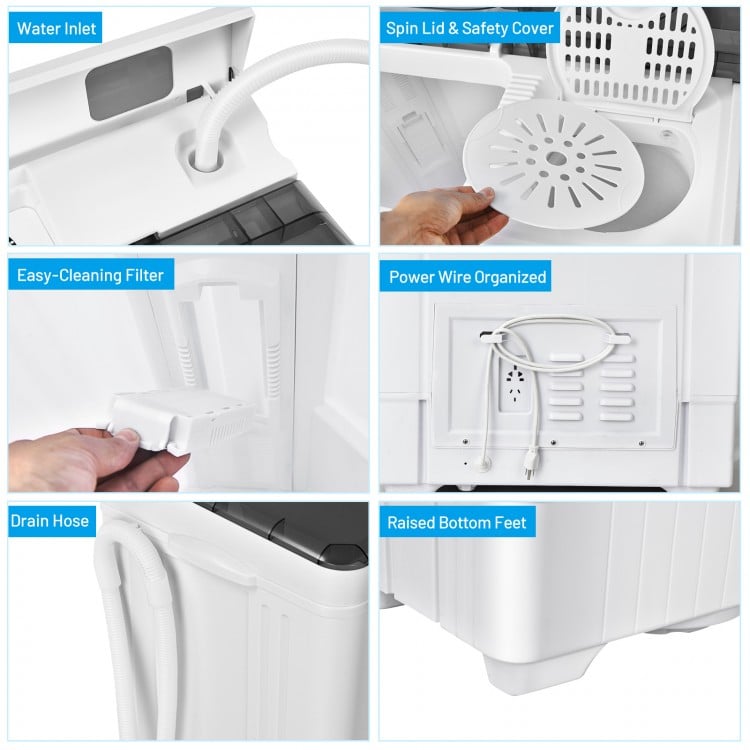 Water inlet and easy-cleaning filter of the 26-pound portable semi-automatic washing machine for convenient laundry use.