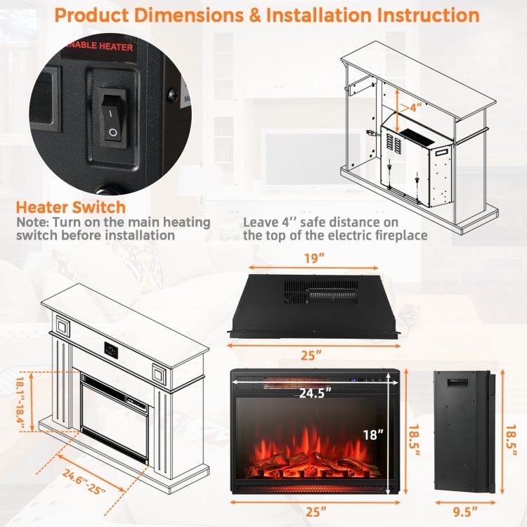 Recessed electric heater with touch screen, 900/1350W settings, and realistic flame effect for cozy home ambiance.