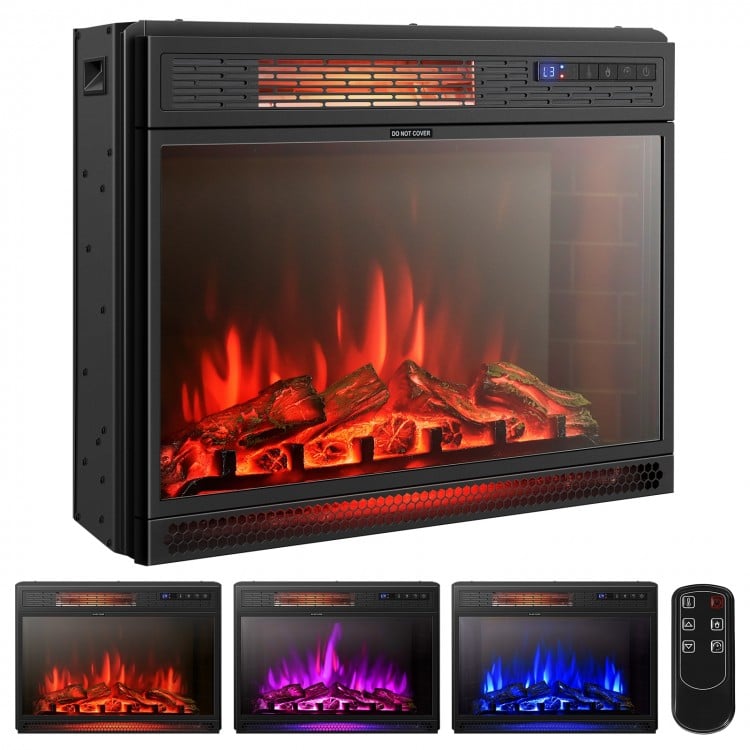 Recessed electric heater with realistic flame effect, 900/1350W settings, and remote control for cozy indoor ambiance.