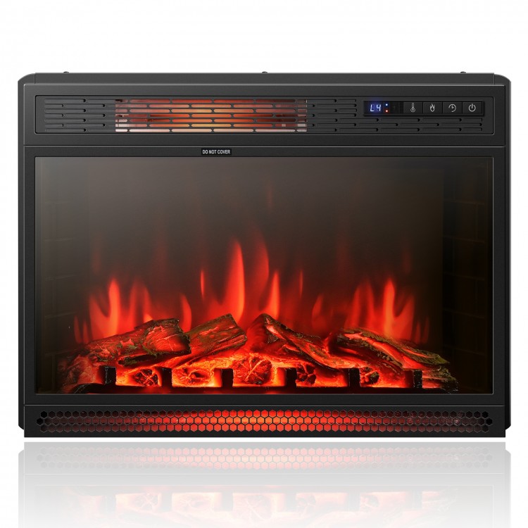 Recessed electric heater with realistic flame effect, 900/1350W heat settings, ideal for cozy living spaces.