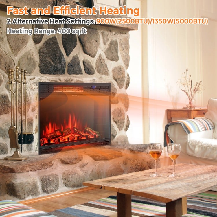 Recessed electric heater with realistic flame effect, 900/1350W settings, ideal for cozy living spaces up to 400 sq.ft.