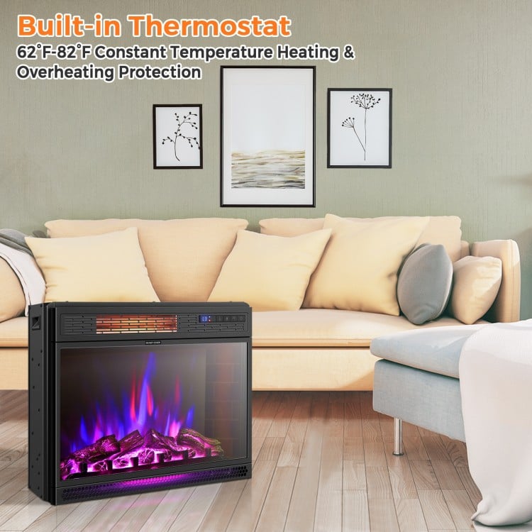 Recessed electric heater with realistic flame effect, 900/1350W settings, for cozy warmth in any room.