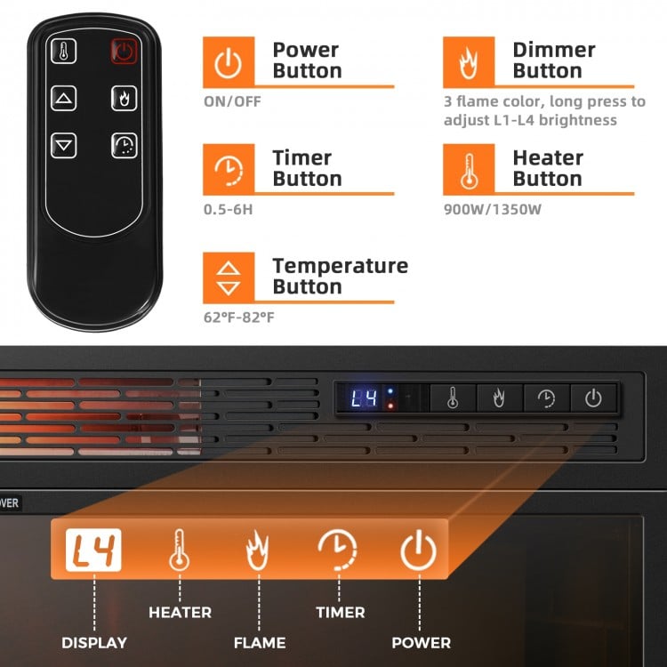 Recessed electric heater control panel showing power, temperature, and timer settings for versatile home heating.