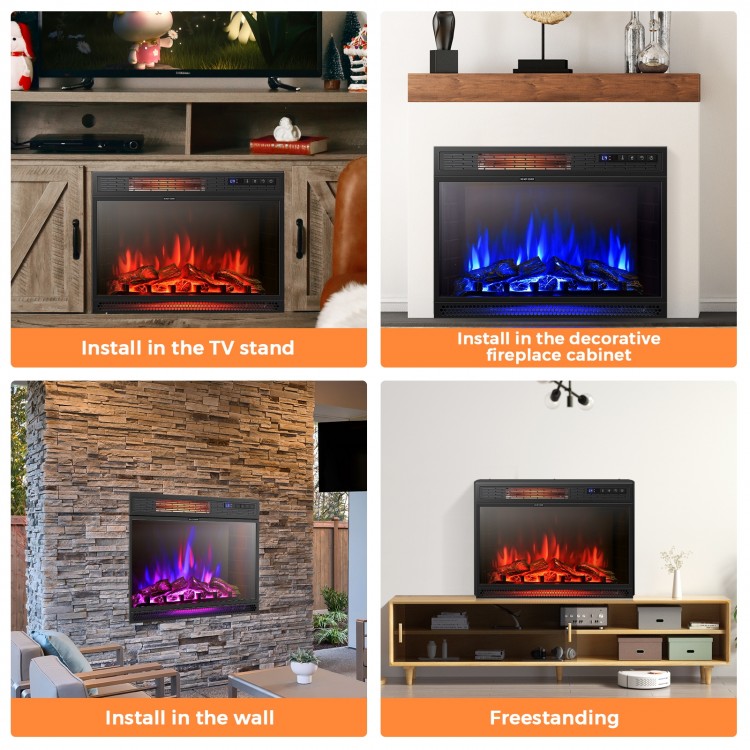 Recessed electric heater with realistic flame effect, 900/1350W settings, ideal for living room or bedroom installation.