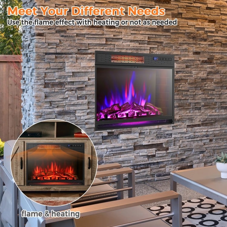 Recessed electric heater with realistic flame effect, 900/1350W settings, ideal for cozy living spaces or offices.