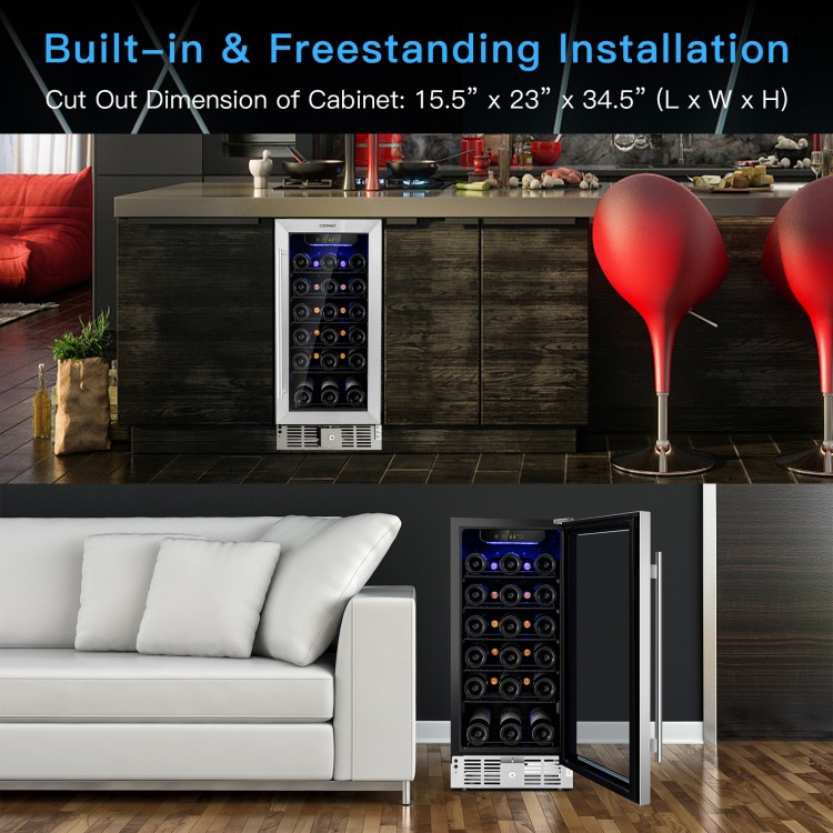 30-bottle wine cooler with stainless steel handle, blue LED light, and adjustable feet for built-in or freestanding use.