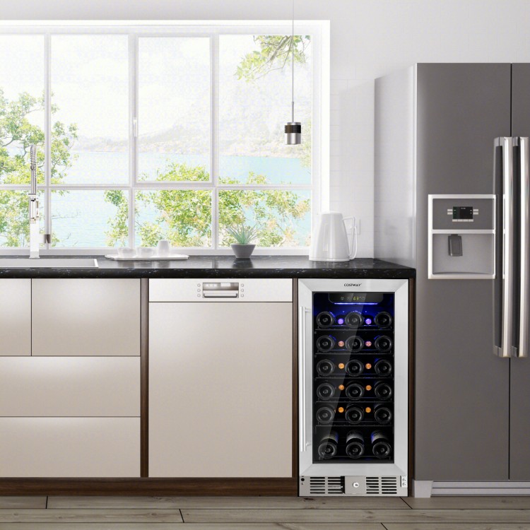 30-bottle wine cooler with stainless steel finish, blue LED light, and adjustable temperature for kitchen or bar use.