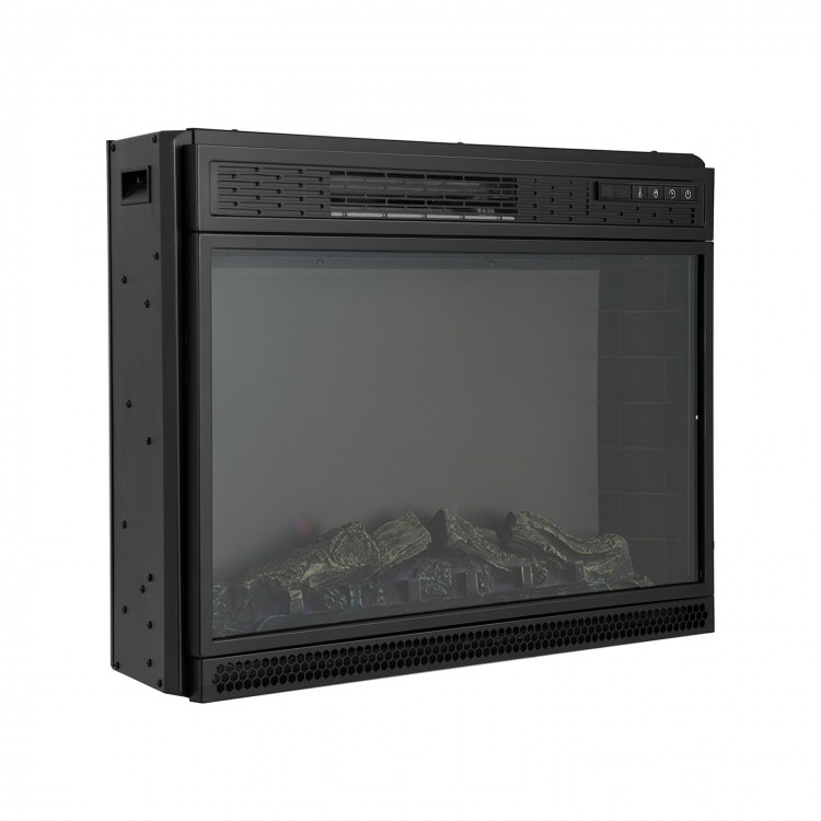28-inch electric fireplace with remote, featuring a tempered glass panel and realistic flame effects for cozy ambiance.