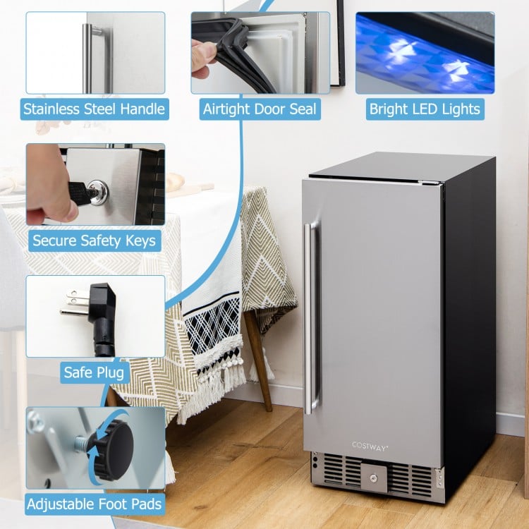 Compact refrigerator with stainless steel door, adjustable thermostat, and LED lights, ideal for efficient cooling.