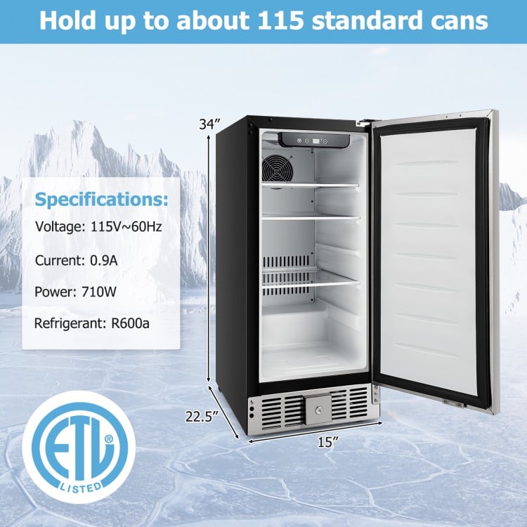 Compact refrigerator with stainless steel door, adjustable shelves, and LED display, ideal for food storage in various.