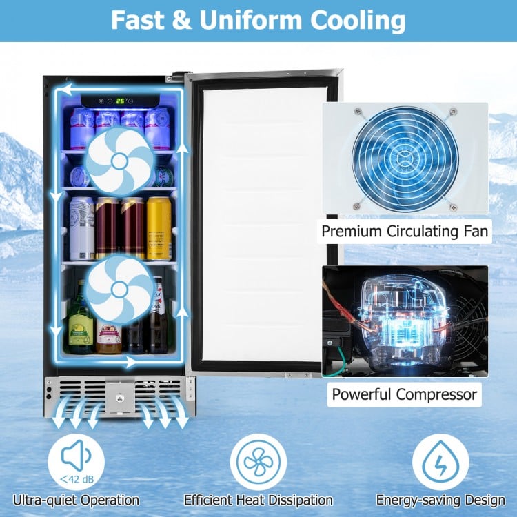 Compact refrigerator with stainless steel door, adjustable thermostat, and powerful compressor for efficient cooling.