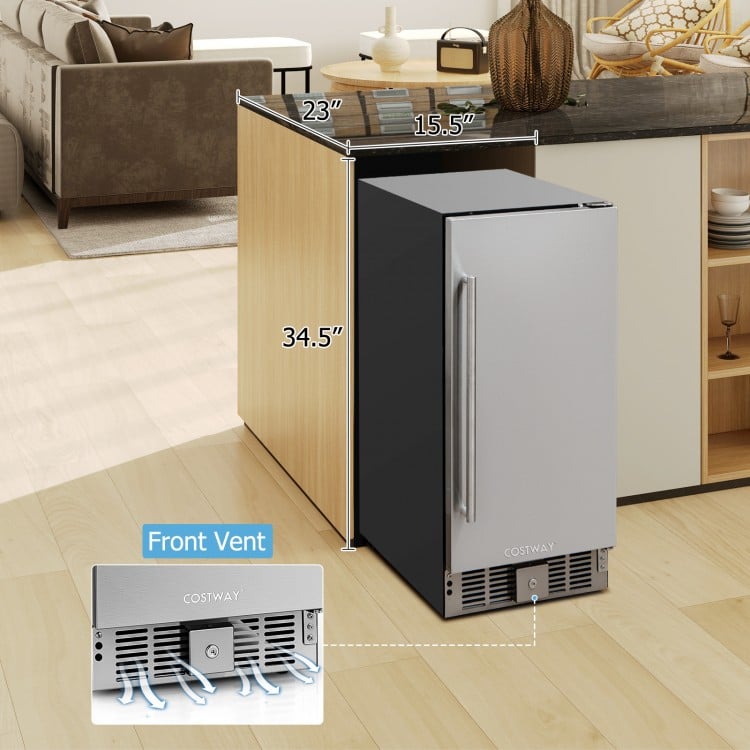 Compact refrigerator with stainless steel door, adjustable thermostat, and front venting design for versatile placement.
