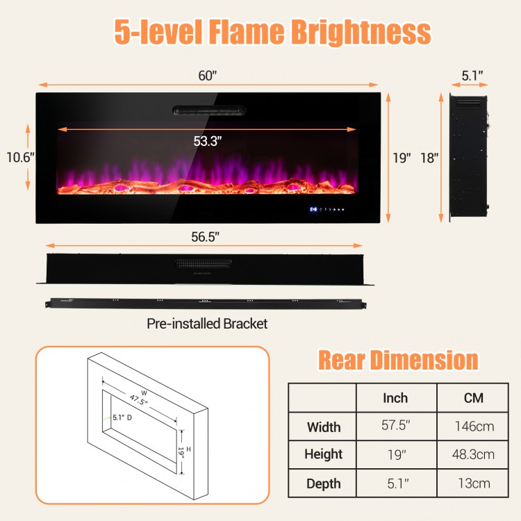60-inch wall-mounted electric fireplace with 5 brightness levels, decorative crystals, and logs for cozy ambiance.