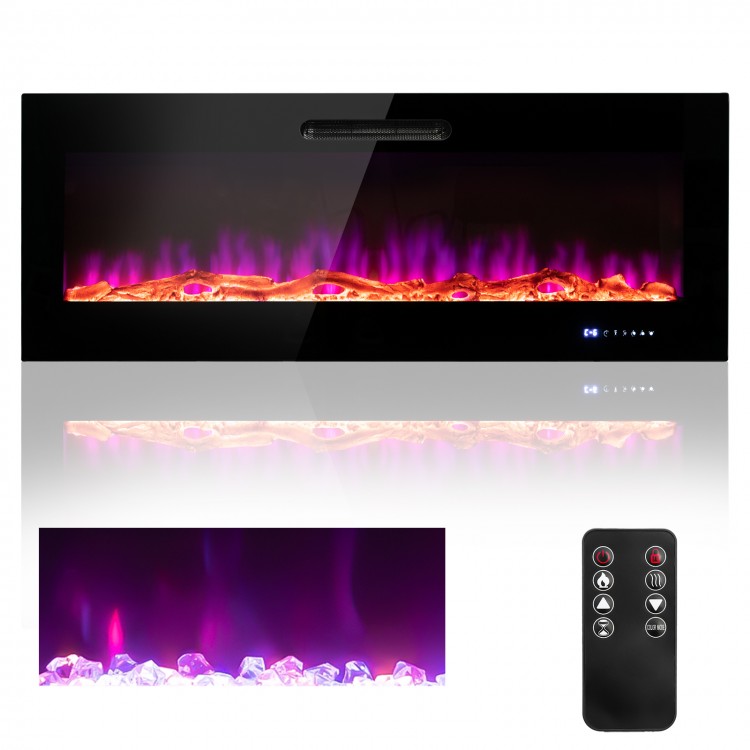 Wall-mounted 60-inch electric fireplace with decorative crystals and logs, featuring 9 flame colors and remote control.
