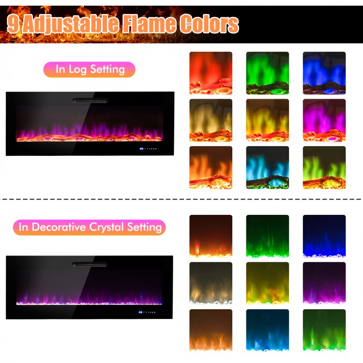 Adjustable flame colors of the 60-inch wall-mounted electric fireplace with log and crystal settings for cozy ambiance.