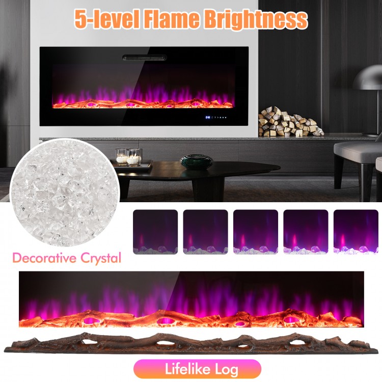 Wall-mounted 60-inch electric fireplace with decorative crystal and log, featuring 5 brightness levels for cozy.