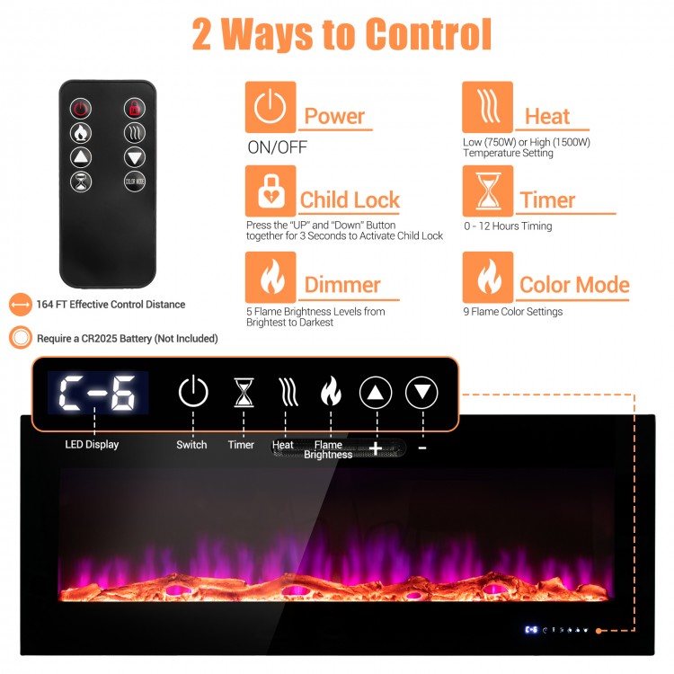 Remote control for the 60-inch wall-mounted electric fireplace with adjustable brightness and flame colors for cozy.