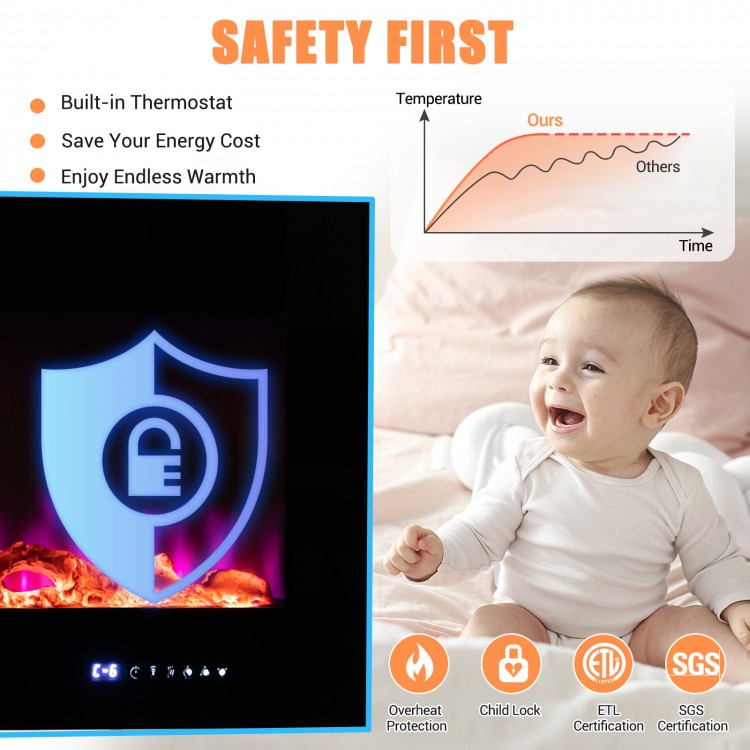 Wall-mounted 60-inch electric fireplace with decorative crystals, adjustable temperature, and safety features for cozy.